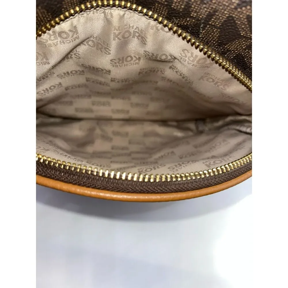 Michael Kors Abbey Medium Studded Backpack Brown MK Signature PVC Gold Logo Tag